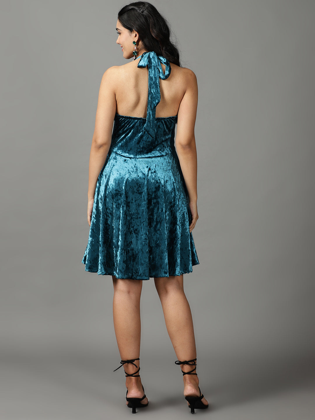 Women's Turquoise Blue Sheen Detailed Velvet Fit & Flare Dress