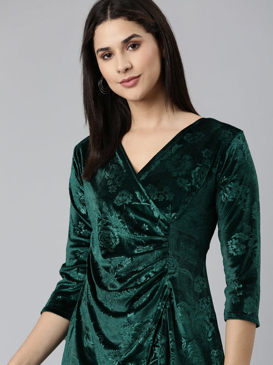 Women's Green Self Design High Low Hem & Gathered Floral Bodycon Dress